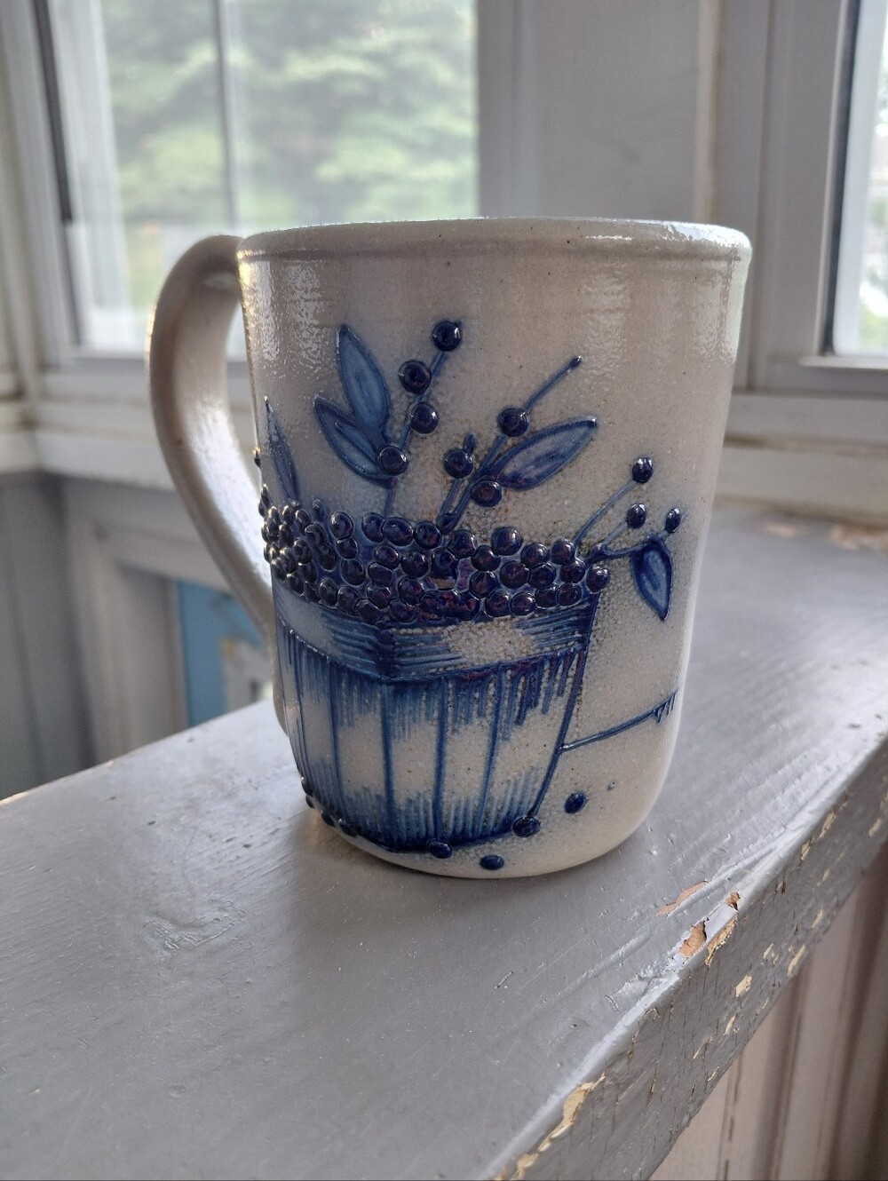 Vintage 80s Salmon Falls Stoneware large salt glaze cobalt blueberry basket mug